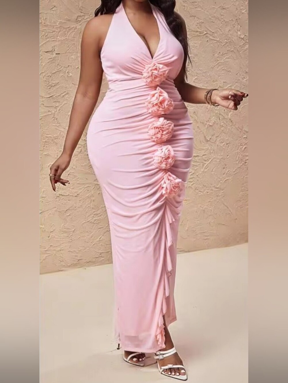 SHEIN Blush Pink Halter Ruched Maxi Dress with Floral Rosettes